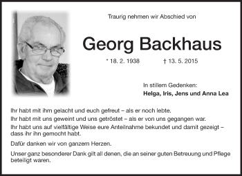 Traueranzeige von Georg Backhaus von Echo-Zeitungen (Gesamtausgabe)