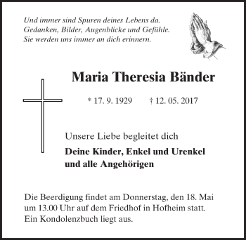 Traueranzeige von Maria Theresia Bänder von Trauerportal Echo Online