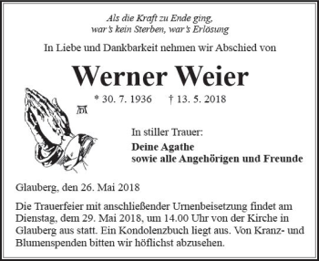 Traueranzeige von Werner Weier von  Kreisanzeiger
