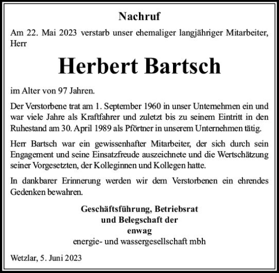 Traueranzeige von Herbert Bartsch von Wetzlarer Neue Zeitung