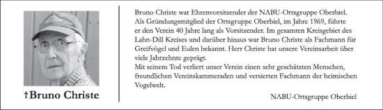 Traueranzeige von Bruno Christe von Wetzlarer Neue Zeitung