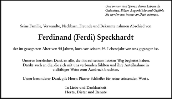 Traueranzeige von Ferdinand  Speckhardt von Darmstädter Echo
