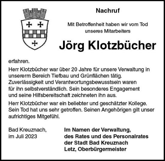 Traueranzeige von Jörg Klotzbücher von Allgemeine Zeitung Bad Kreuznach