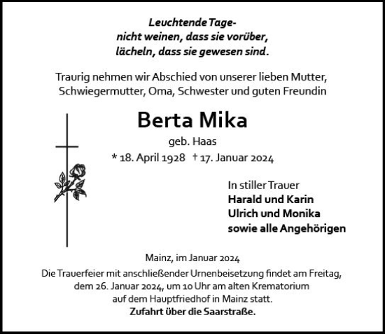 Traueranzeige von Berta Mika von Allgemeine Zeitung Mainz