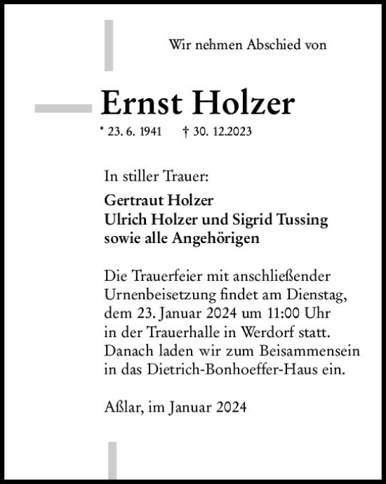 Traueranzeige von Ernst Holzer von Wetzlarer Neue Zeitung