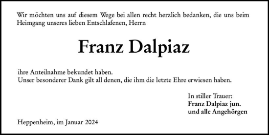 Traueranzeige von Franz Dalpiaz von Starkenburger Echo