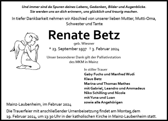 Traueranzeige von Renate Betz von Allgemeine Zeitung Mainz