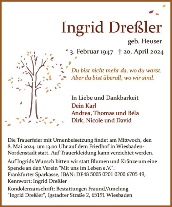Traueranzeige von Ingrid Dreßler von Wiesbadener Kurier