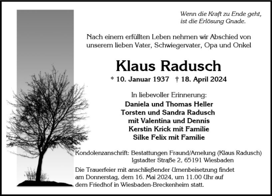 Traueranzeige von Klaus Radusch von Wiesbadener Kurier