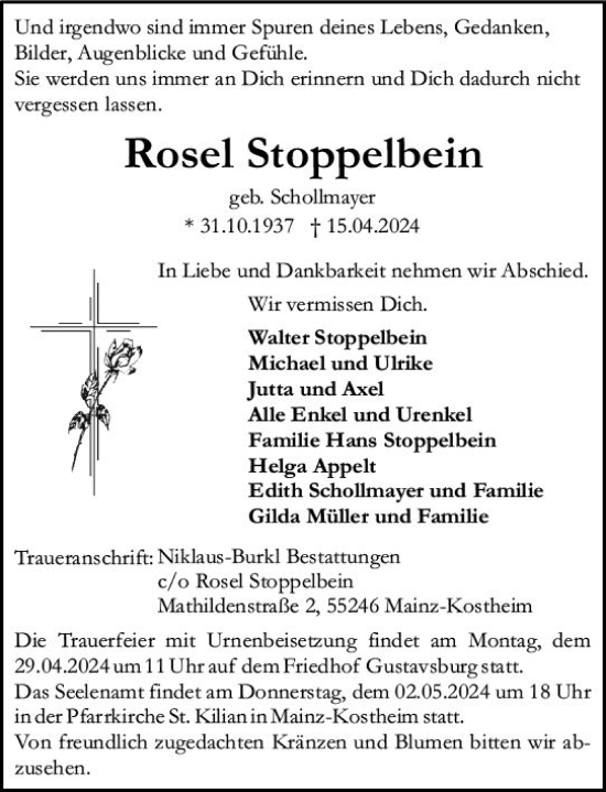 Traueranzeige von Rose Stoppelbein von Allgemeine Zeitung Mainz