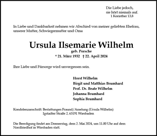 Traueranzeige von Ursula Ilsemarie Wilhelm von Wiesbadener Kurier
