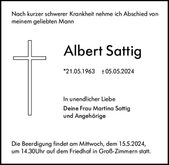 Traueranzeige von Albert Sattig von Dieburger Anzeiger/Groß-Zimmerner Lokal-Anzeiger