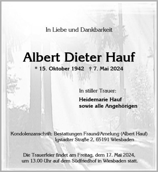 Traueranzeige von Albert Dieter Hauf von Wiesbadener Kurier