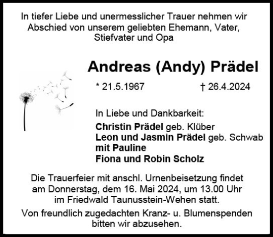 Traueranzeige von Andreas Prädel von Idsteiner Land/Untertaunus