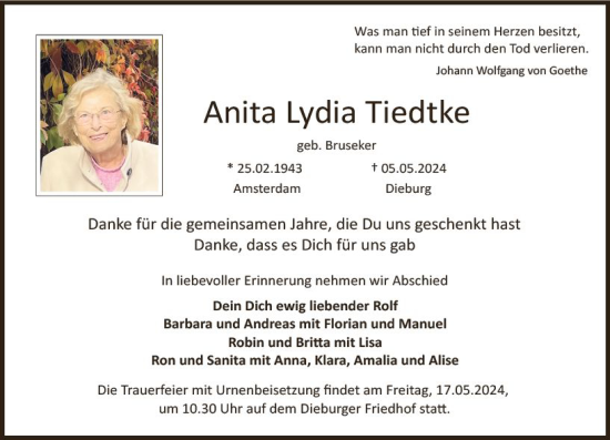 Traueranzeige von Anita Lydia Tiedtke von Dieburger Anzeiger/Groß-Zimmerner Lokal-Anzeiger