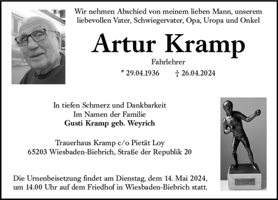 Traueranzeige von Artur Kramp von Wiesbadener Kurier