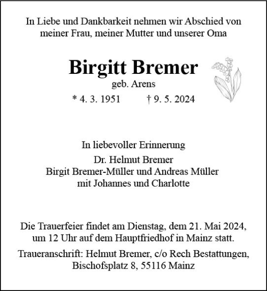 Traueranzeige von Birgitt Bremer von Allgemeine Zeitung Mainz