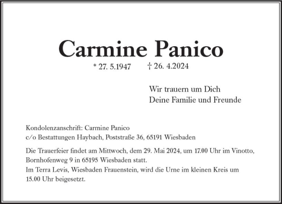 Traueranzeige von Carmine Panico von Wiesbadener Kurier
