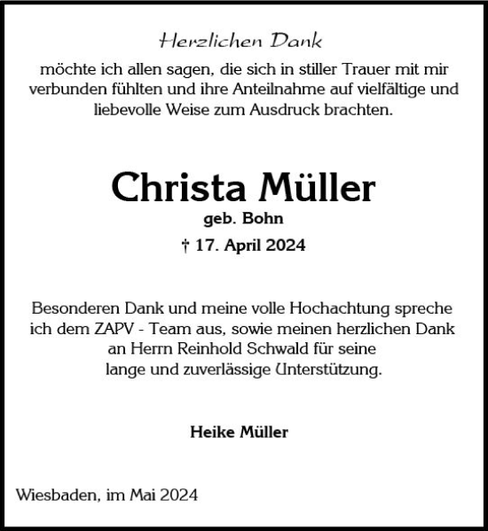 Traueranzeige von Christa Müller von Wiesbadener Kurier