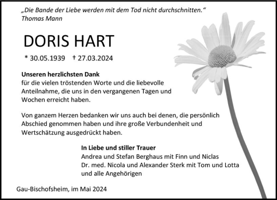 Traueranzeige von Doris Hart von Allgemeine Zeitung Mainz