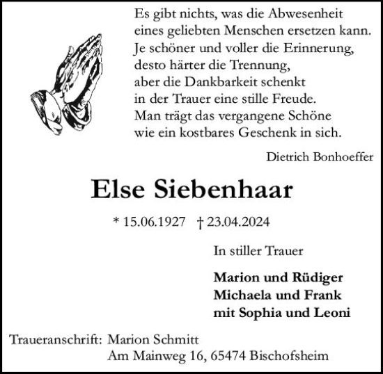 Traueranzeige von Else Siebenhaar von Allgemeine Zeitung Mainz