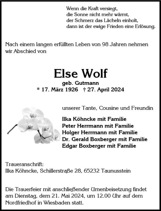 Traueranzeige von Else Wolf von Wiesbadener Kurier