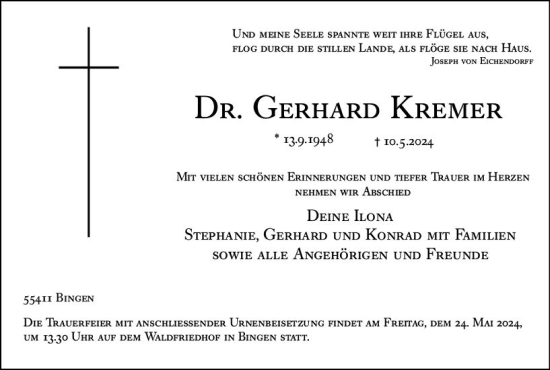 Traueranzeige von Gerhard Kremer von Allgemeine Zeitung Bingen/Ingelheim