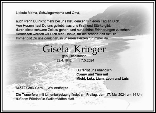 Traueranzeige von Gisela Krieger von Groß-Gerauer Echo