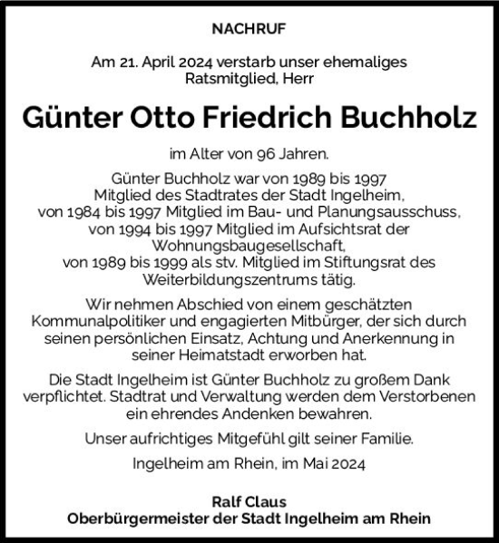 Traueranzeige von Günter Otto Friedrich Buchholz von Allgemeine Zeitung Bingen/Ingelheim