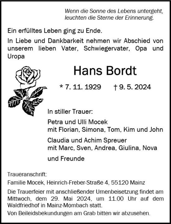 Traueranzeige von Hans Bordt von Allgemeine Zeitung Mainz