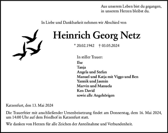 Traueranzeige von Heinrich Georg Netz von Wetzlarer Neue Zeitung