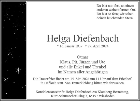 Traueranzeige von Helga Diefenbach von Wiesbadener Kurier