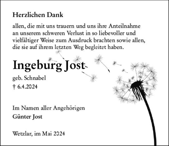 Traueranzeige von Ingeburg Jost von Wetzlarer Neue Zeitung
