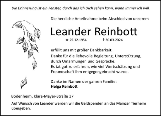 Traueranzeige von Leander Reinbott von Allgemeine Zeitung Mainz