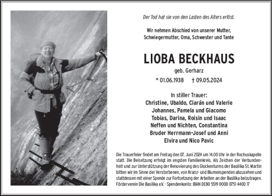 Traueranzeige von Lioba Beckhaus von Allgemeine Zeitung Bingen/Ingelheim