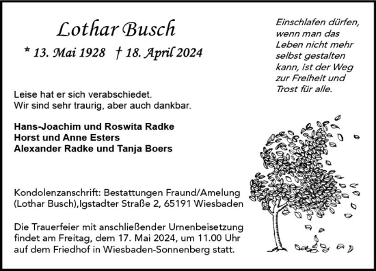 Traueranzeige von Lothar Busch von Wiesbadener Kurier