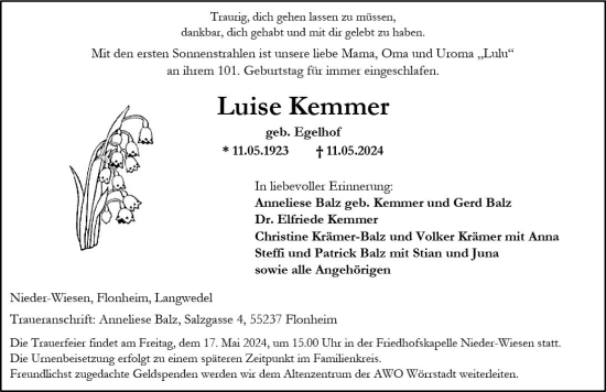 Traueranzeige von Luise Kemmer von Allgemeine Zeitung Alzey