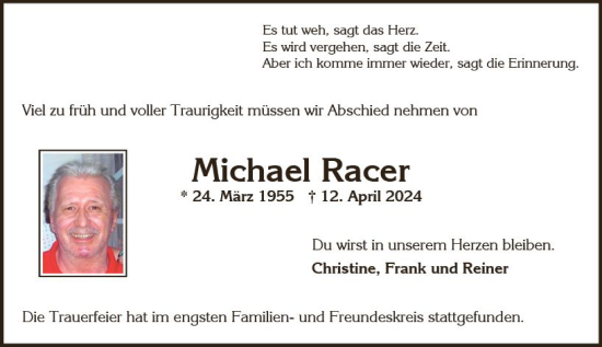 Traueranzeige von Michael Racer von Wiesbadener Kurier