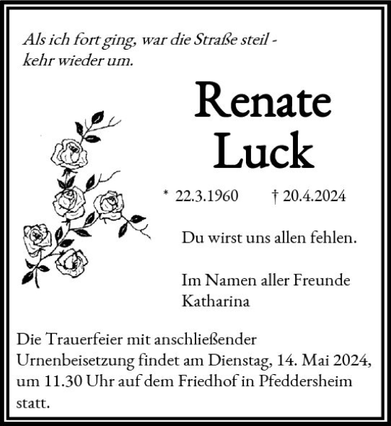 Traueranzeige von Renate Luck von Wormser Zeitung