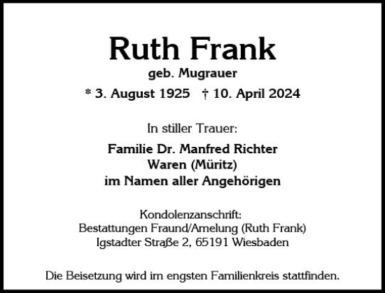 Traueranzeige von Ruth Frank von Allgemeine Zeitung Mainz