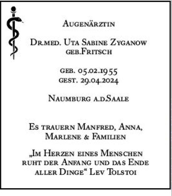 Traueranzeige von Uta Sabine Zyganow von Wiesbadener Kurier