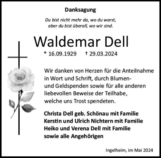 Traueranzeige von Waldemar Dell von Allgemeine Zeitung Bingen/Ingelheim