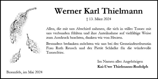 Traueranzeige von Werner Karl Thielmann von Weilburger Tageblatt