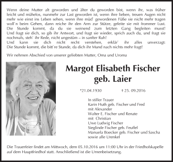 Traueranzeige von Margot Elisabeth Fischer von Trauerportal Rhein Main Presse