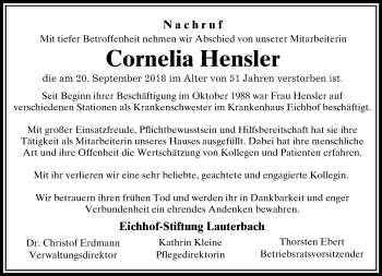 Traueranzeige von Cornelia Hensler von VRM Trauer