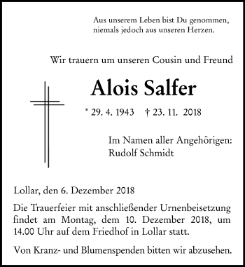 Traueranzeige von Alois Salfer von 560 Gießener Anzeiger