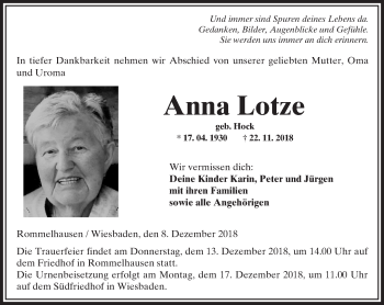 Traueranzeige von Anna Lotze von 561 Kreisanzeiger