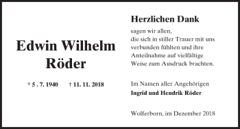 Traueranzeige von Edwin Wilhelm Röder von 561 Kreisanzeiger Traueranzeige von Edwin Wilhelm Röder von 561 Kreisanzeiger