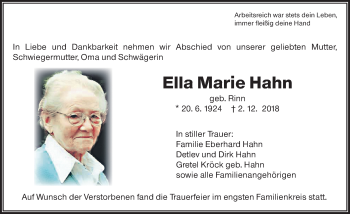 Traueranzeige von Ella Marie Hahn von 560 Gießener Anzeiger