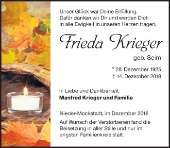 Traueranzeige von Frieda Krieger von 561 Kreisanzeiger